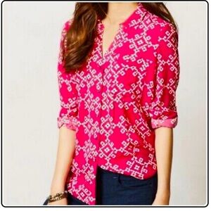 Maeve by Anthropologie Pink Patterned Women's Blouse with Roll-Tab Sleeve - 2